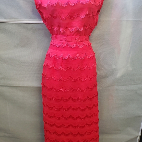 60s Vintage Hand Sewn Red Eyelash Fringe 2 Piece Pencil Skirt Suit - Picture 2 of 16